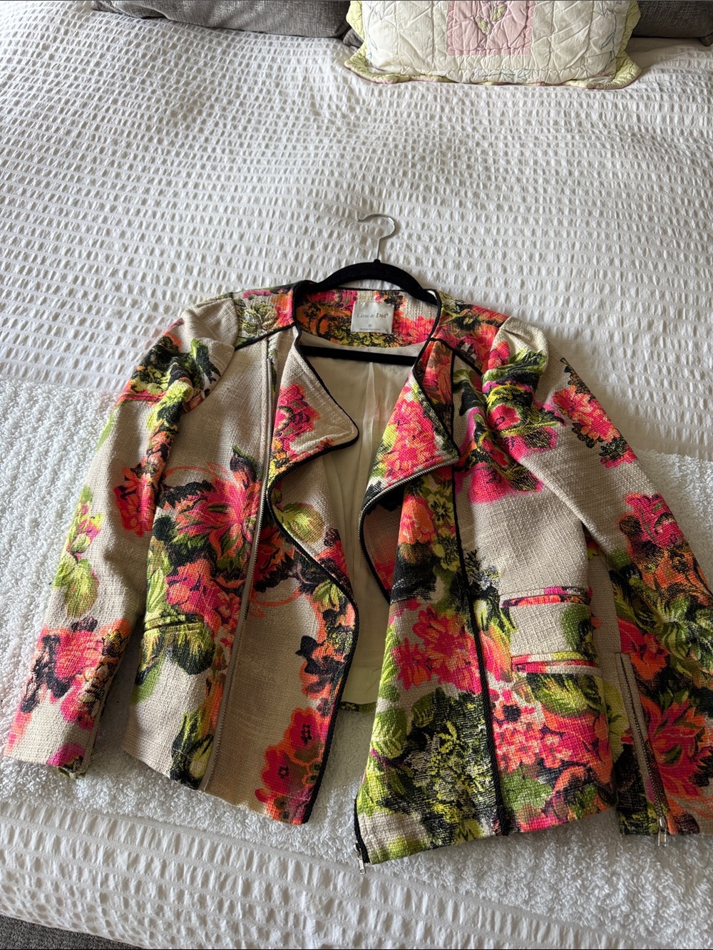 Line & Dot Pink and Green Floral Bouclé Open-Front Jacket
